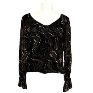 Maggie London Top Blouse Silk Black Tan V-Neck Long Sleeve Dressy Top Size 8